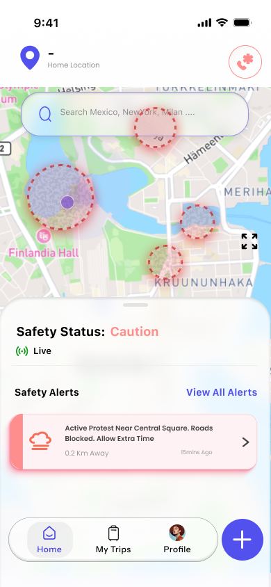 Know Your Trips app showing live safety alerts and neighbourhood scan